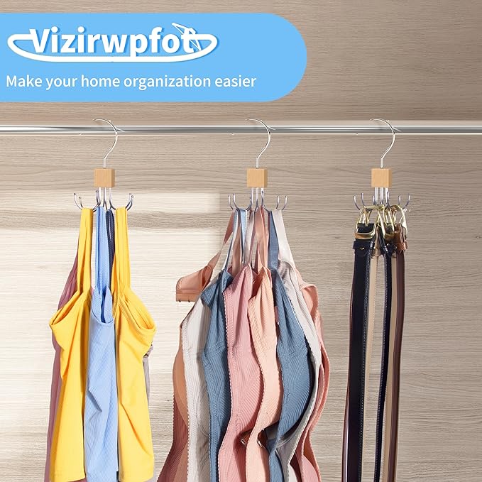 Tank Top Hanger,Rotatable Bra Hanger,Max 18 Storage Capacity Sports Bra Hangers,Space Saving Hangers for Dorm,Closet Organizers and Storage,Closet Organizer for Belt,Scarf, Purse,Wood