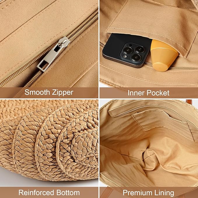 Pleneal Straw Beach Bags for Women - Women Beach Handmade Woven Tote Bag, Summer Mesh Hollow Shoulder Bag for Holiday