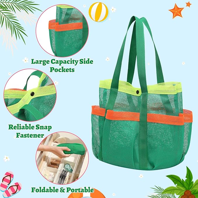 Mesh Beach Bag, Foldable Waterproof Sandproof Beach Storage Tote with 6 Pockets, Swim Tropical Vacation Pool Essential