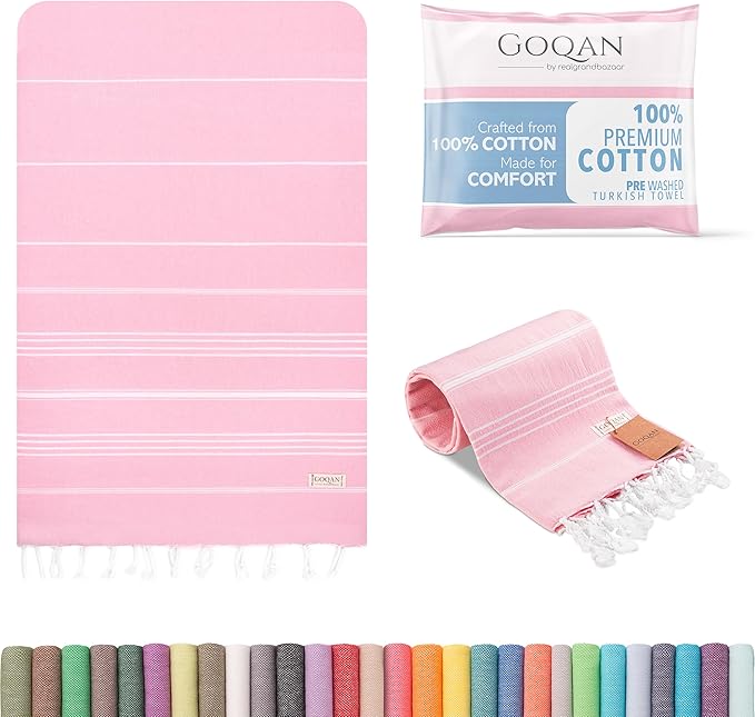 GOQAN Turkish Beach Towel Oversized 39x71 | Thin, Lightweight, 100% Cotton and Sand Free Towel is Suitable for Beach, Bathroom, Pool, Travel & Swim - Sugar Pink