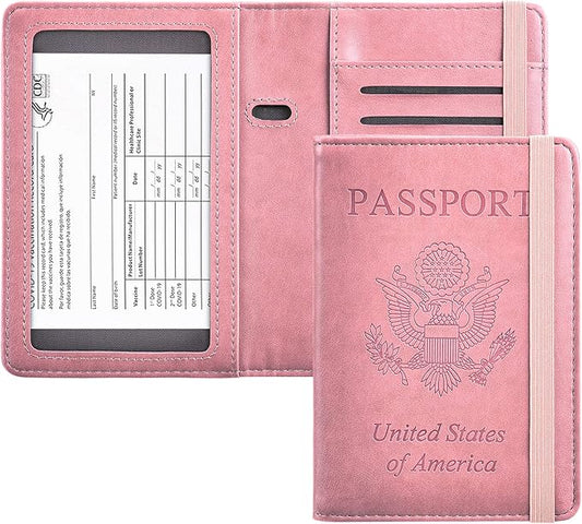 HerriaT Passport and Vaccine Card Holder Combo,Cover Case with CDC Vaccination Card Slot, Leather Travel Documents Organizer Protector, with RFID Blocking, for Women and Men