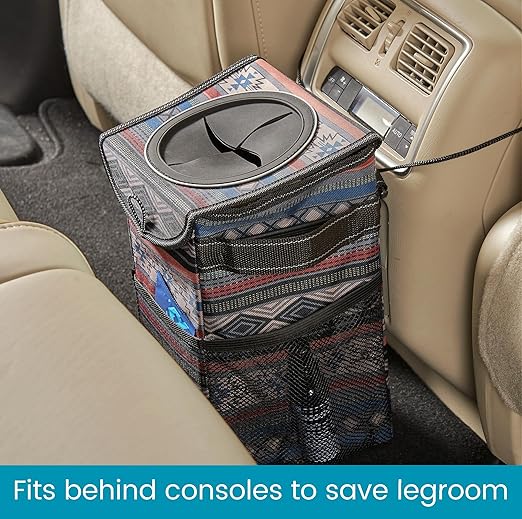 High Road StashAway Heavy Duty Car Trash Can with Rubber Lid, 3 Storage Pockets and Sturdy Panels for Stable Floor or Hanging Seatback Use (Southwest)