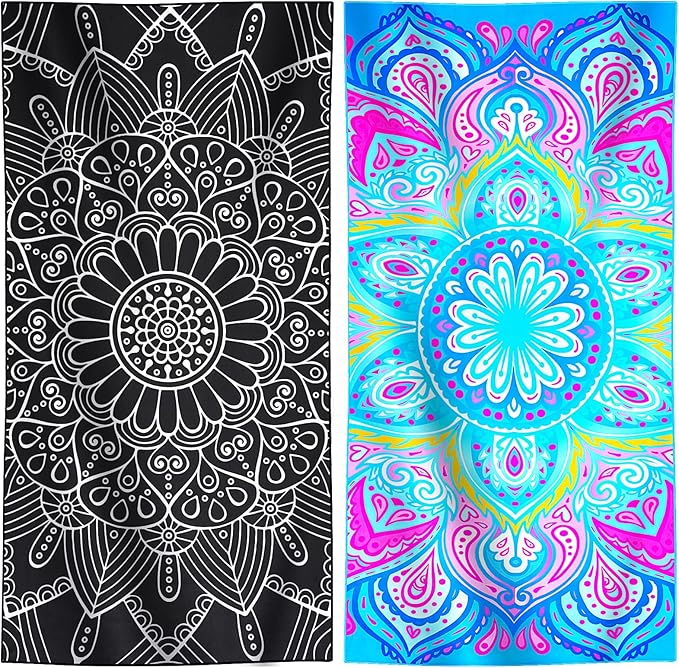 2 Packs Lightweight Thin Microfiber Beach Towel Oversized Quick Dry Compact Sandproof Clearance Towels Sand Free Camping Swimming Travel Accessories Essentials Women Adults Bohemian Black Blue