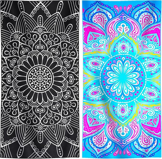 2 Packs Lightweight Thin Microfiber Beach Towel Oversized Quick Dry Compact Sandproof Clearance Towels Sand Free Camping Swimming Travel Accessories Essentials Women Adults Bohemian Black Blue