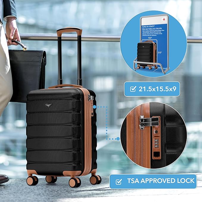 Flight Knight 21.5x15.5x9 Expandable Carry On Suitcase Hardside TSA Lock & USB C Port Lightweight Luggage Silent Double Spinner Wheels Maximum Canada Air Overhead Bag Airlines Approved Black/Tan