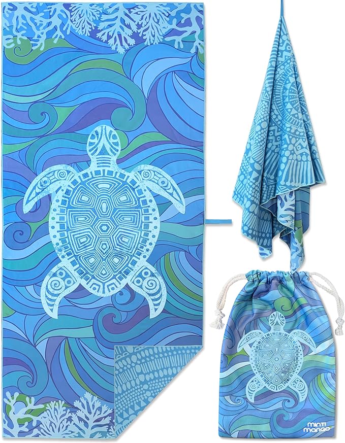 Microfiber Beach Towel Oversized 71X32" Thin, Reversible, Large, Lightweight, Quick Dry, Sand Free, Absorbent, Swim, Pool, Cruise, Compact Travel Towel, Camping, Beach Blanket, Carry Bag, Turtle