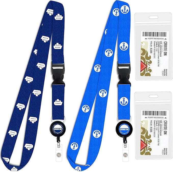 Cruise On Cruise Lanyard for Ship Cards – 2-Pack Retractable Badge & Waterproof Key Card Holder for Ship Cards – Cruise Essentials 2026-2027, Perfect for Travel & Vacation (Blue Ship & Royal)