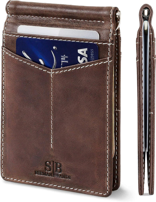 SERMAN BRANDS RFID Blocking Wallet Slim Bifold - Genuine Leather Minimalist Front Pocket Wallets for Men with Money Clip Gift