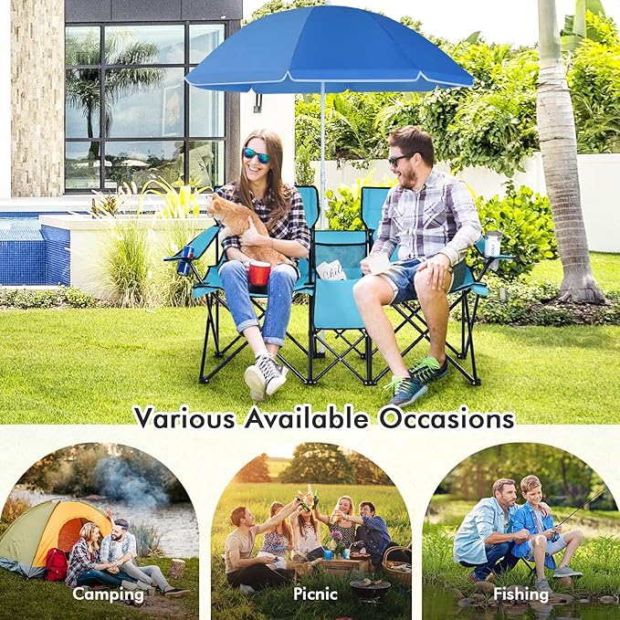 KOTEK Double Camping Chair, Folding Camp Chair with Removable Umbrella, Cup Holders, Cooler Bag, Side Pocket & Carry Bag, 2-Person Beach Chair for Outdoor, Sports, Concerts, Travel, Picnic (Turquoise)