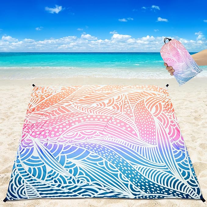 Beach Blanket Waterproof Sandproof Beach Mat for 1-8 Adults Quick Drying Durable Outdoor Picnic Mat for Beach Festival Travel Camping Hiking (Gradiant-Ripple, 79"×83"(4 Person))