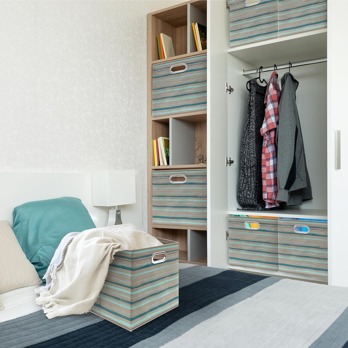 SIMPLE HOUSEWARE 13-Inch Collapsible Fabric Cube Storage Bin with Handles, Printed Design, 3 Pack, Green