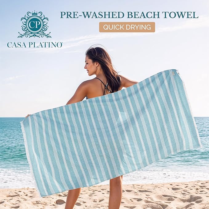 Casa Platino Pre-Washed Large Beach Towels, 39"x71" Lightweight and Soft Oversized Towel, Quick Dry Sand Free Fabric for Outdoor Use, Great for Lounging, Sunbathing, or Drying Off – Ice Blue