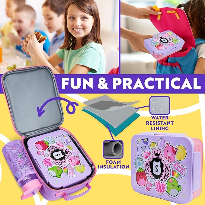 Get Trend Squishmallows Lunch Bag, Lunch Box, Water Bottle for Kids 3 Piece Set Bento Box, Insulated Snack Container, Meal Holder Gifts for Kids (Multi Squishmallows)