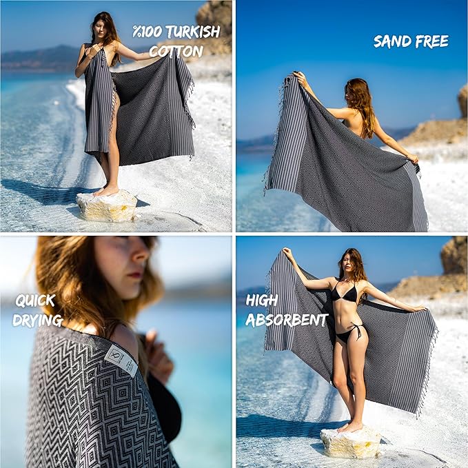 RAY SILVER Turkish Beach Towel – 100% Turkish Cotton 40"x71" Quick Dry Oversized Beach Towel Sand Free Lightweight Turkish Towel for Travel Camping Bath Sauna Beach Pool Gym Yoga