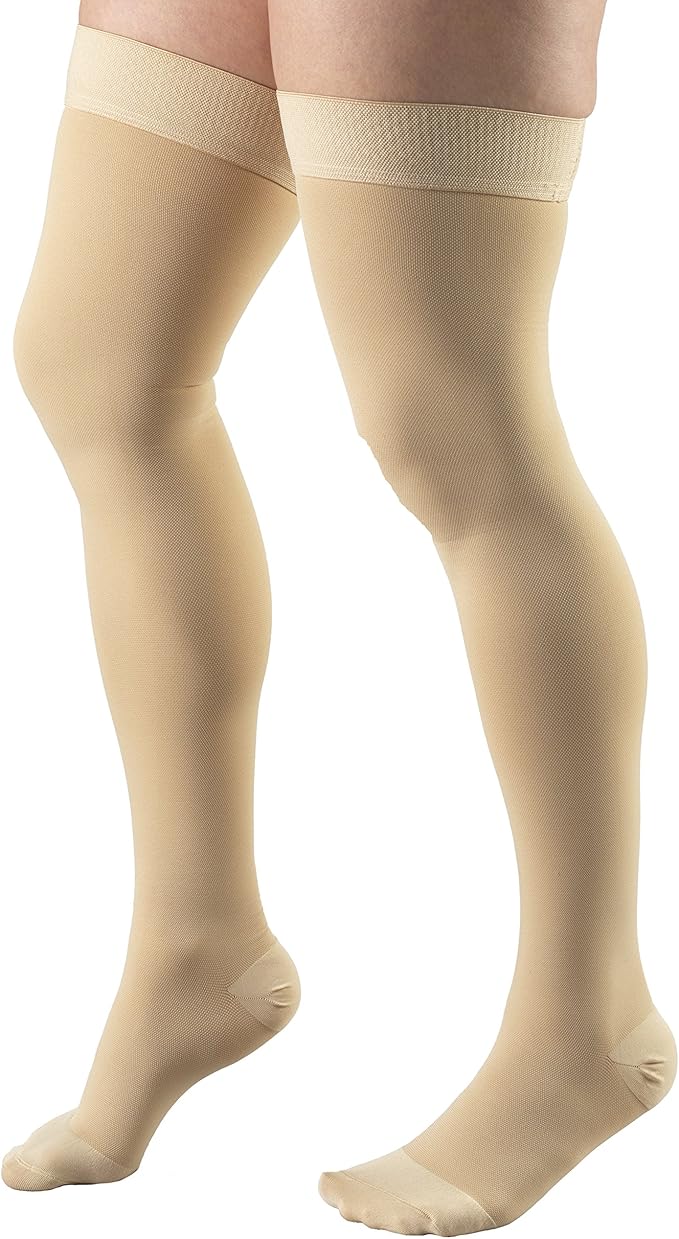 Truform 30-40 mmHg Compression Stockings for Men and Women, Thigh High Length, Dot-Top, Closed Toe, Beige, X-Large