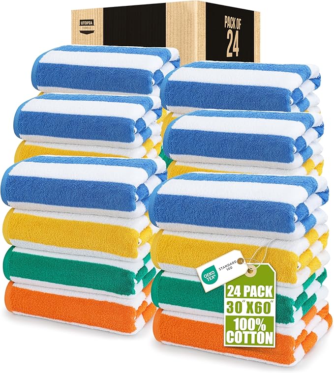 Utopia Towels 24 Pack Cabana Stripe Beach Towel, 30 by 60 Inches, Oversized 100% Ringspun Cotton Pool Towels, Highly Absorbent Bath Towels for Beach
