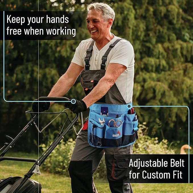 UNCO- Adjustable Gardening Belt, Blue, 5 Pockets, Wear, Cut and Water Resistant, Garden Tool Belt Pouch, Waist Apron with Pockets