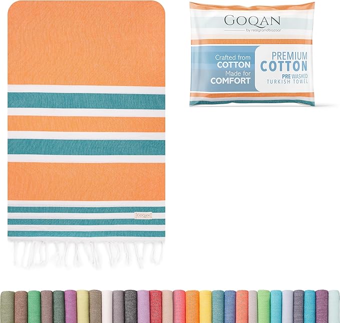 GOQAN Turkish Cotton Beach Towel Oversized 39x71 | Thin, Lightweight and Sand Free Towel is Suitable for Beach, Bathroom, Pool, Travel & Swim - Orange-Green