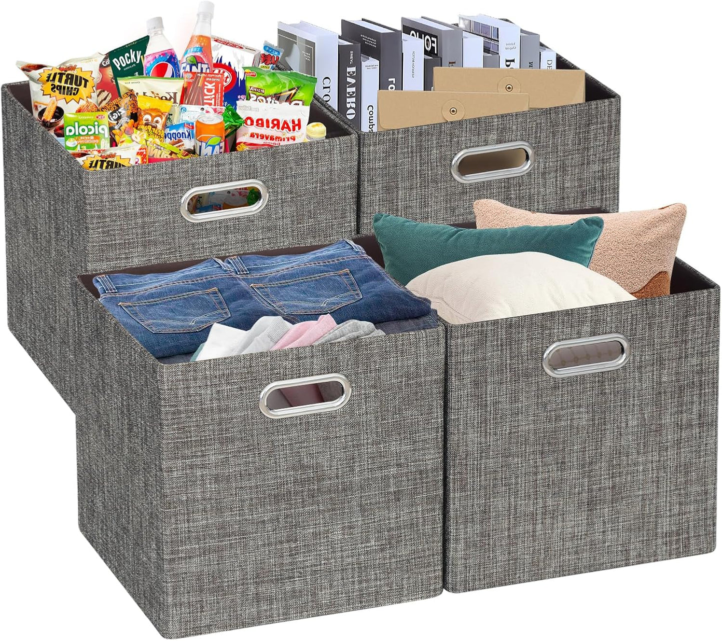 Posprica Storage Basket Bins,13×13 Foldable Storage Boxes Containers for Closet Organizer Shelf Cabinet Bookcase,Thick Fabric Drawer with Shimmer,4pcs,Brown