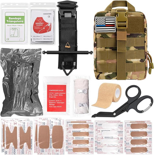 IFAK Trauma Kit with Tourniquet, 4-Inch Israeli Bandage, Tactical First Aid Kit for Car, Camping, Hiking and Travel with Molle Bag (Camouflage)