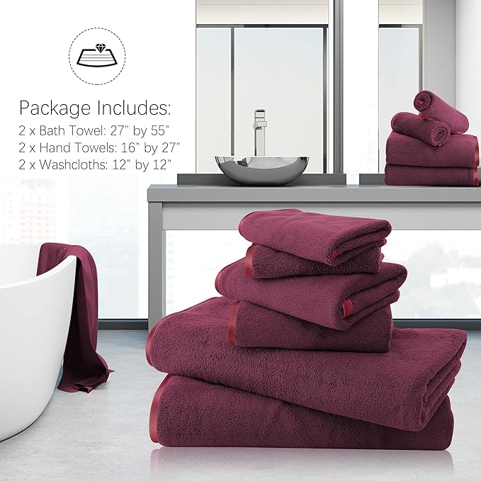TENSTARS Microfiber Coral Velvet Luxury Silk Hemming Towel Set - Light Thin Quick Drying - 2 Bath Towels, 2 Hand Towels, 2 Washcloths - Burgundy 6 Pieces