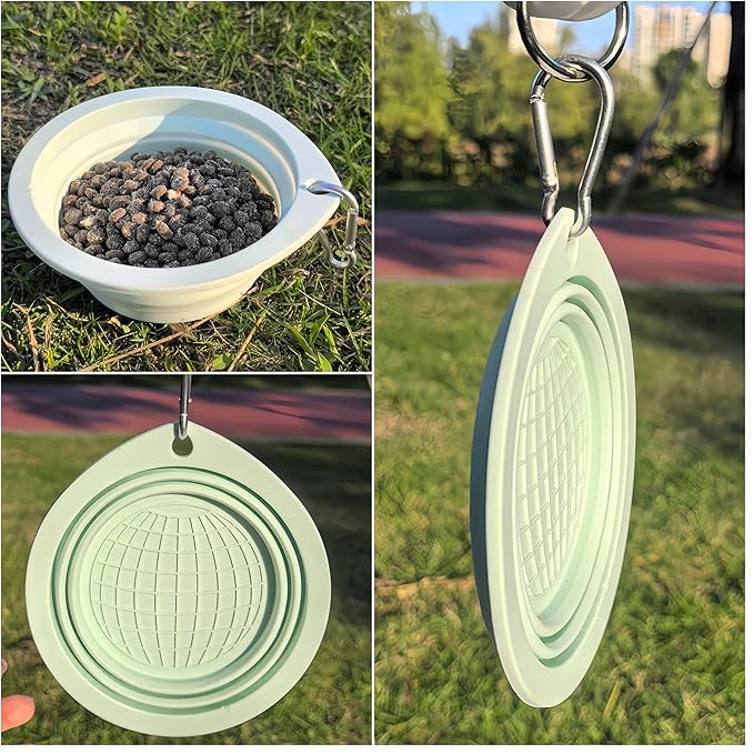 Portable Collapsible Pet Bowl - Food Grade TPR/Silicone, Foldable Dog Cat Travel Bowl with Carabiner for Hiking Camping, Easy Clean & Lightweight (Green)