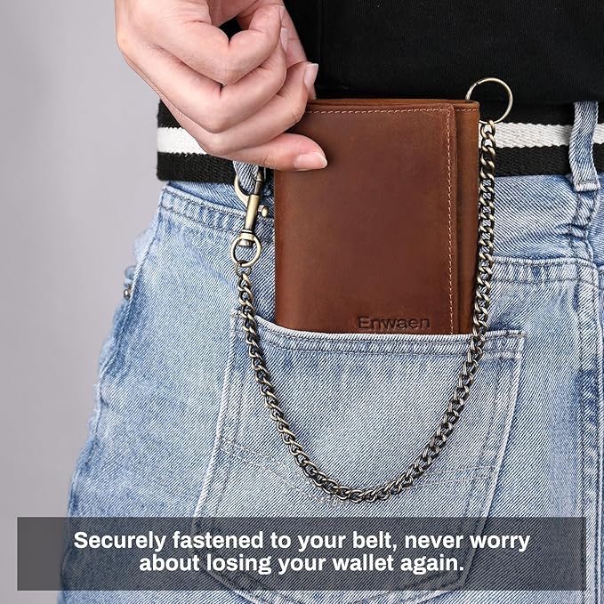 Trifold Mens Wallet with Chain, Genuine Leather Wallet RFID Blocking Anti-Theft Chain for Biker, Motorcycle (Brown Color)