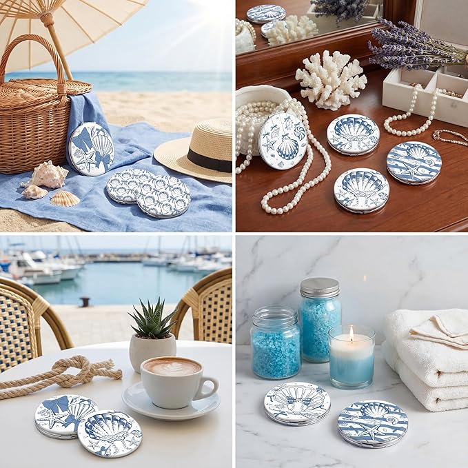 Weysat 9 Pcs Seashell Bow Compact Mirrors Bulk Double Sided Magnifying Makeup Mirrors with PU Leather Case Blue and White Coastal Design Portable Pocket Mirror for Women Girl Beach Party Gifts