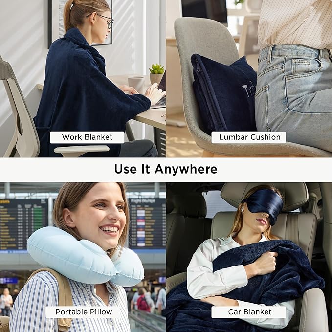 Bedsure Travel Blanket and Pillow Set with Inflatable Neck Pillows, Eye Mask and Storage Bag, Lightweight 3-in-1 Airplane Packable Blanket, Compact Travel Essentials, Navy