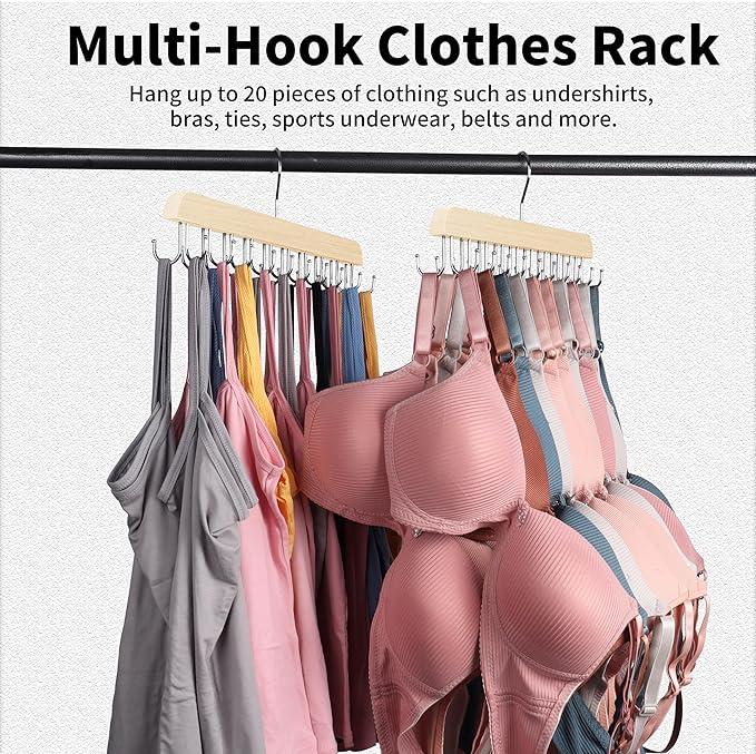 Bra Hangers for Closet Organizer,Tank Top Hanger with 20 Hooks,Space Saving Wooden Adjustable Hangers,Closet Organizers and Storage Suitable for Dorm,Apartments (1, Wood)