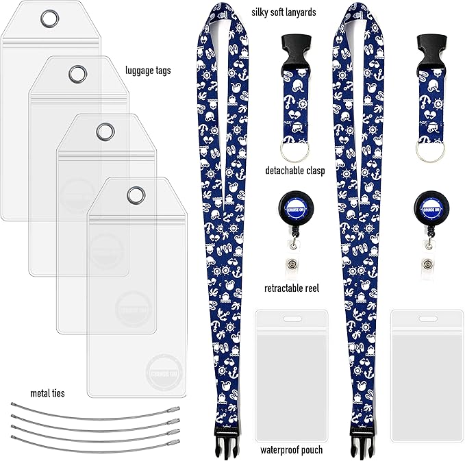 Carnival Cruise Luggage Tag Holders (4 Pack) & Lanyards (2 Pack), Large, Clear & Waterproof, Cruise Essentials 2026-2027 for Ship Cards & Baggage – Durable Travel Accessories (Blue)