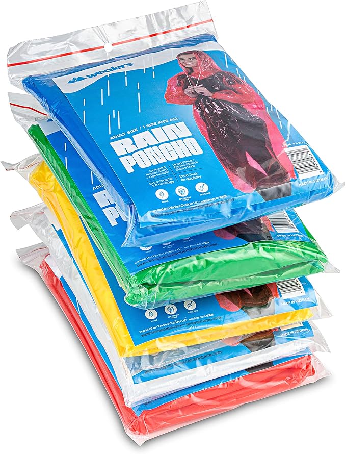 Wealers Rain Poncho Bulk Pack Disposable Ponchos Adults Emergency Raincoat Hood Strings Multi Colors