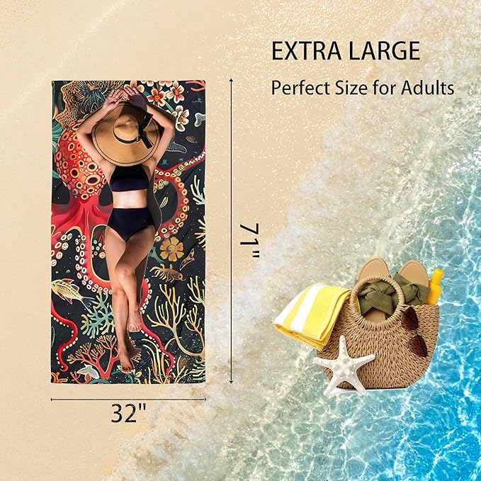Octopus Red Oversized Sand Free Beach Towel – 71"X32" Lightweight Quick Dry Microfiber Terry Towel For Travel, Swimming, Pool, And Camping, Absorbent And Compact Beach Essential For Women And Men