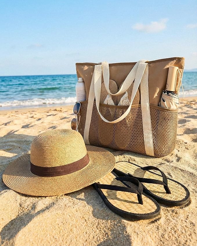 HOMESPON Beach Bag Large Waterproof Sandproof Tote for Women with Zipper and Mesh Pockets
