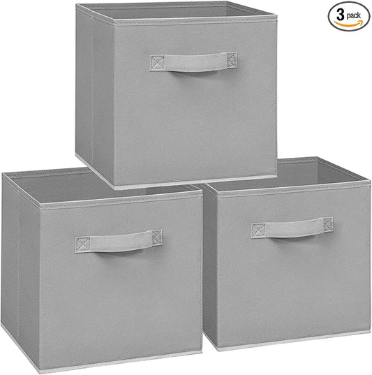 11 Inch Fabric Storage Cubes, Sturdy Foldable Storage Bins, Heavy Duty Cube Organizer for Clothes, Blankets, Shelves, Closets, Bedroom, Living Room, Gray, 3 Pack