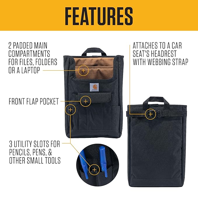 Carhartt Front Seat Car Organizer, Passenger Seat Storage & Organization for Books, Files, Folders, Laptop & More, Black