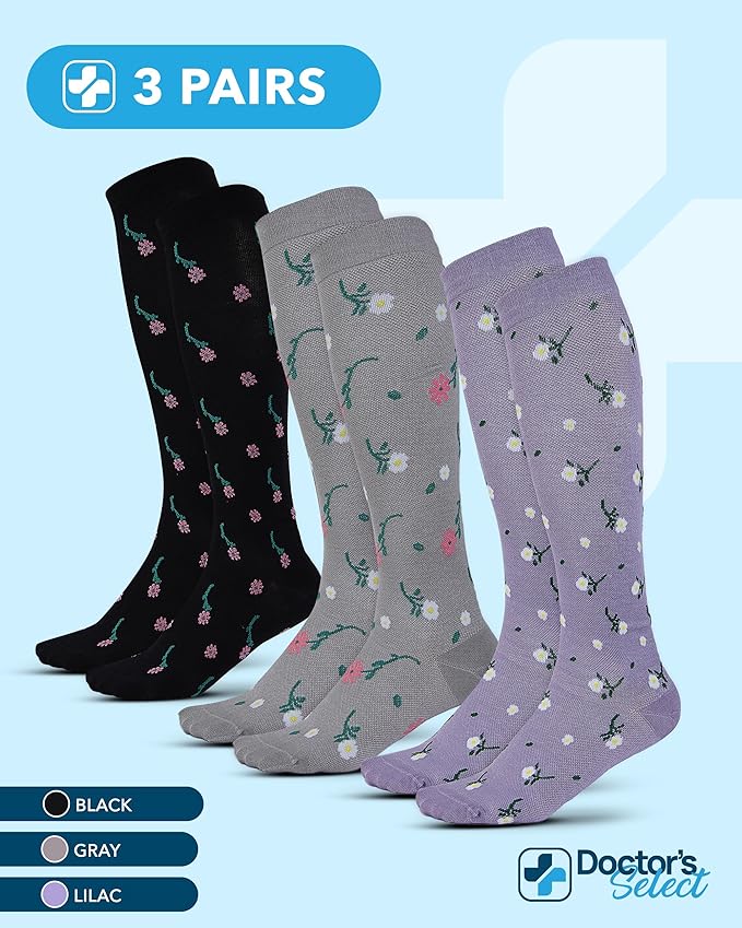 Doctor's Select Bamboo Viscose Light Compression Socks for Women & Men - 3 Pairs, 8-15 mmHg Compression Socks, Knee High