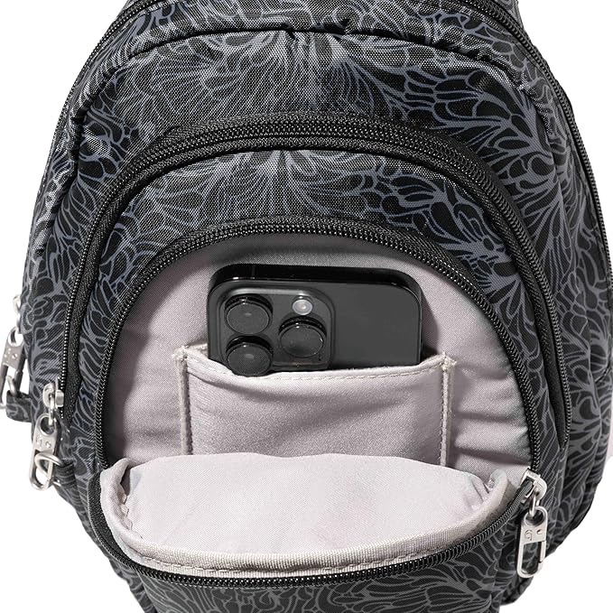 Baggallini Securtex® Anti-Theft Triple Zip Sling - Travel Backpack Sling Bag Crossbody - RFID Wallet Locking Zipper
