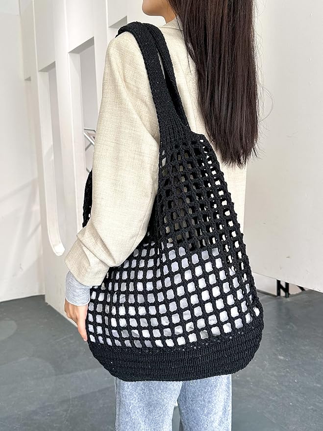 ENBEI Women Foldable Beach Tote, Washable Lightweight Beach Bag, Eco-Friendly Knit Shoulder Purse for Travel/Shopping/Gifts