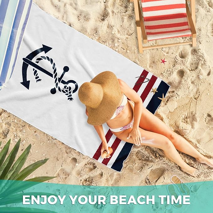 Nautical Anchor Beach Towel, Coastal Beach Nautical Oversized Bath Swim Pool Towels for Bathroom Swimming Pool Travel Camping Picnic, Boat Gifts for Boat Owners Sailors, 30x60 Inches