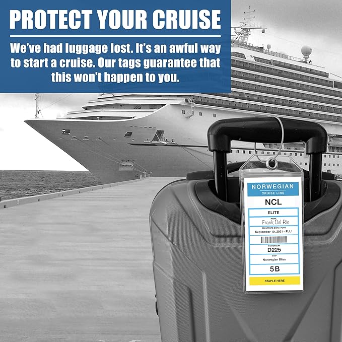 Cruise On Norwegian Luggage Tag Holders (4 Pack) & Lanyards (2 Pack) – Large, Clear, Waterproof Cruise Essentials 2026-2027 – Secure Ship Tags & Cards (Royal Blue)