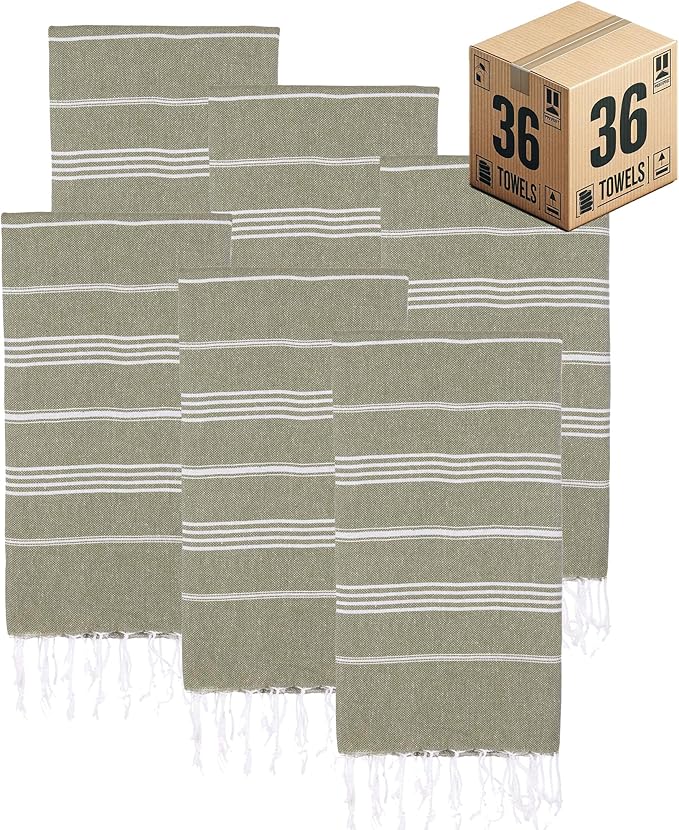 Turkish Beach Towels, Bulk Case of 36 | Oversized, Quick Dry, Sand Free | 100% Cotton, Large 38x71 Towels for Beach, Pool, Travel | Ultra-Soft, Compact, Absorbent | Olive Green