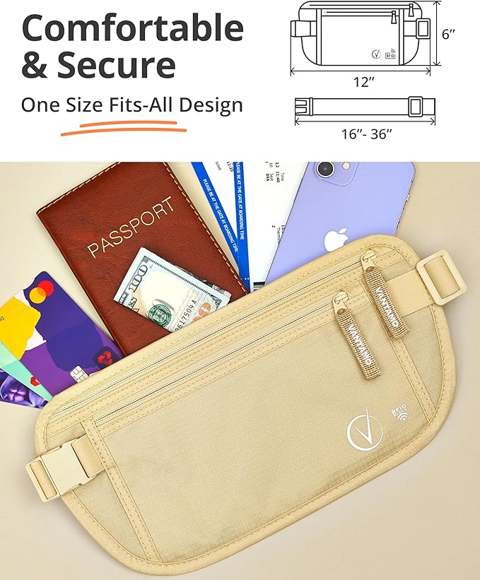 Vantamo Money Belt with RFID For Men & Women, Hidden Passport Holder for Travel, 2 Compartment Travel Fanny Pack for Women Anti Theft