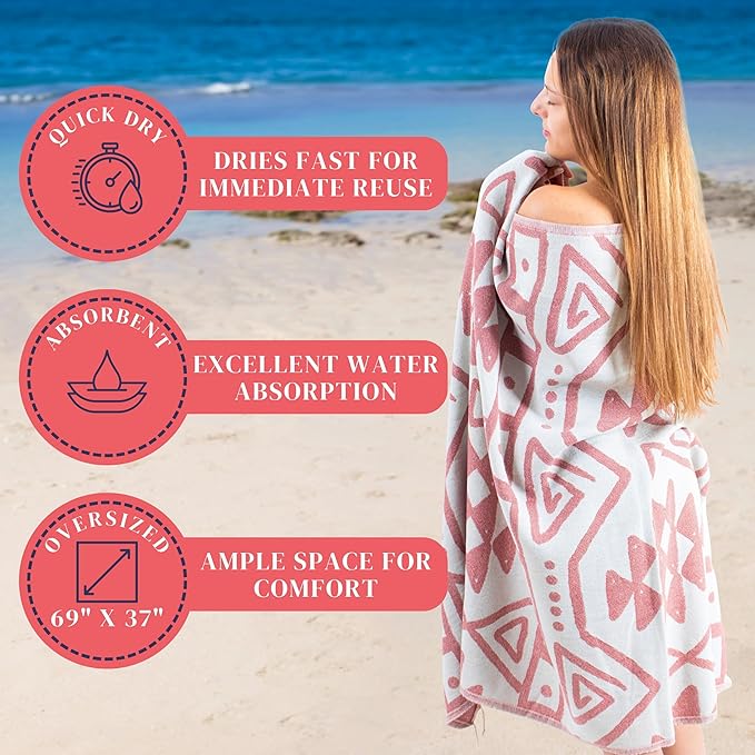 Authentic Cotton Turkish Beach Towel Quick Dry for Travel - 100% Cotton Beach Towel Large Oversized (69 x 37 inch) - Toallas de Playa para Adultos – Cloud, Sand Free, Lightweight Beach Items for Women