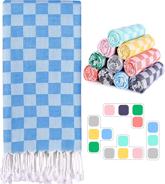 Cotton Turkish Beach Towels Vacation Essentials with Bag Quick Dry Sand Free Soft Adult Bath Pool Swim Long Wide Stripe Towel Cloud Linen Chamois Mat Summer Thing Lightweight Thin Travel Blue Plaid