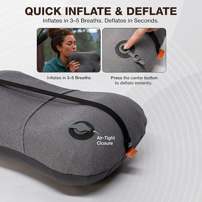 Inflatable Camping Pillow - Ultralight Compact Air Pillow for Travel, Backpacking & Hiking - Ergonomic Neck & Lumbar Support - Portable Inflatable Pillow with Removable Washable Cover - (Black)