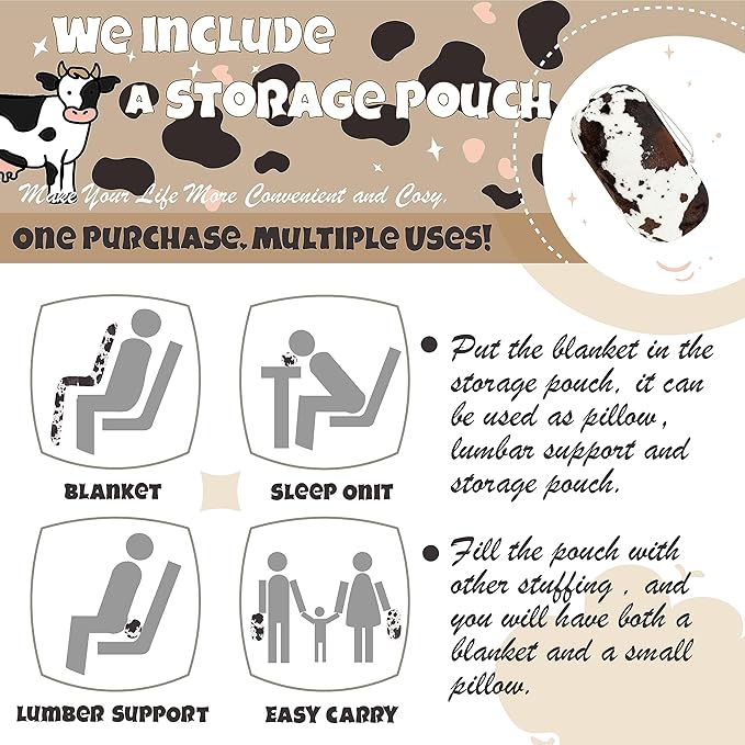 Bnuitland Brown Cow Print Flannel Throw Blanket (50x70 Inches) with Storage Pouch, 300 GSM Double Sided Fuzzy Decor Blanket for Bed/Sofa/Couch/Lap, Super Soft Cozy Throw Gift for Adults and Kids