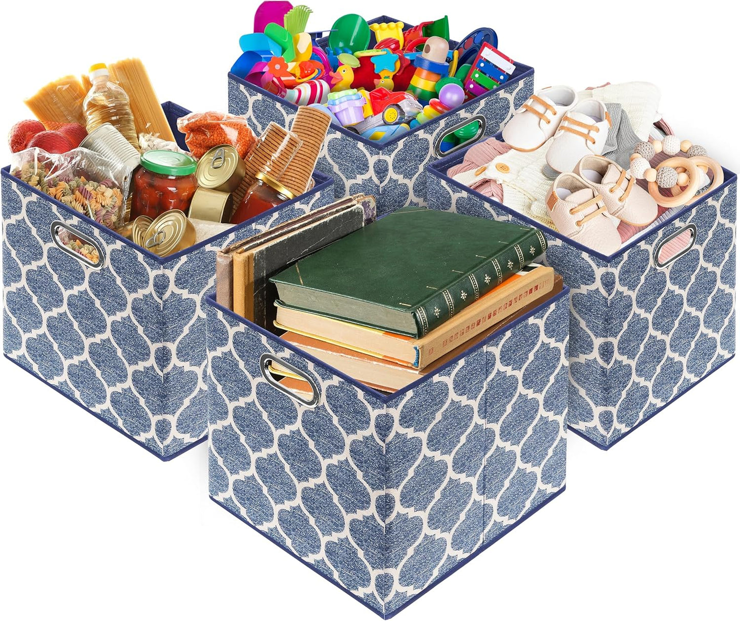 SIMPLE HOUSEWARE 13-Inch Collapsible Fabric Cube Storage Bin with Handles, Printed Design, 3 Pack, Steel Blue