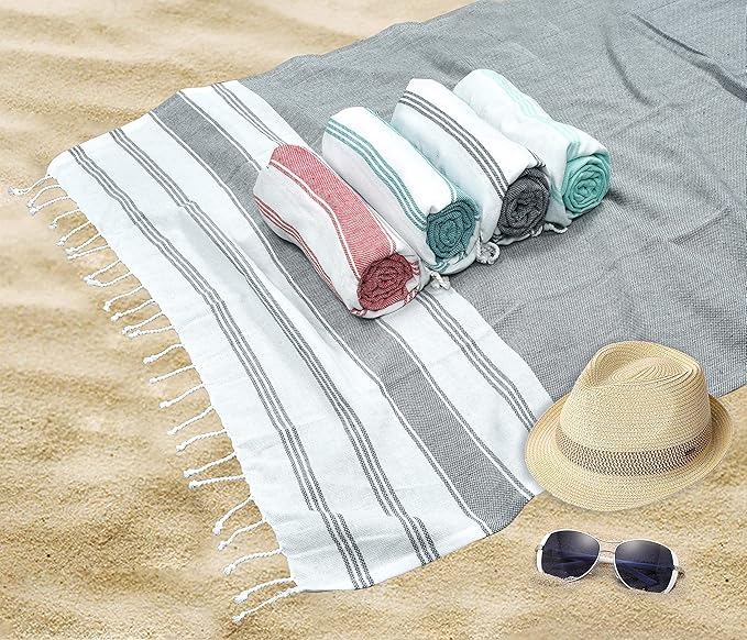 GLAMBURG Peshtemal Turkish Towel Cotton Beach Towels Oversized 36x71 Set of 4, Cotton Beach Towels for Adults, Soft Durable Absorbent Extra Large Bath Sheet Hammam Towel - Charcoal Grey