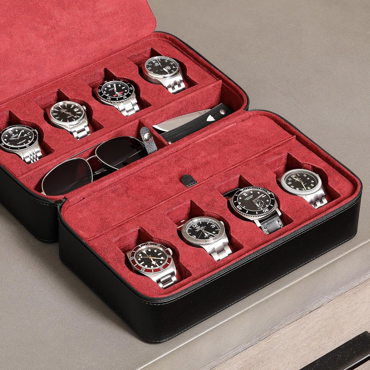 ROTHWELL 8 Watch Travel Case Storage Organizer for 8 Watches, Sunglasses, Rings & Cufflinks |Tough Portable Protection with Zipper Fits Most Wristwatches & Smart Watches Up to 50mm (Black/Red)